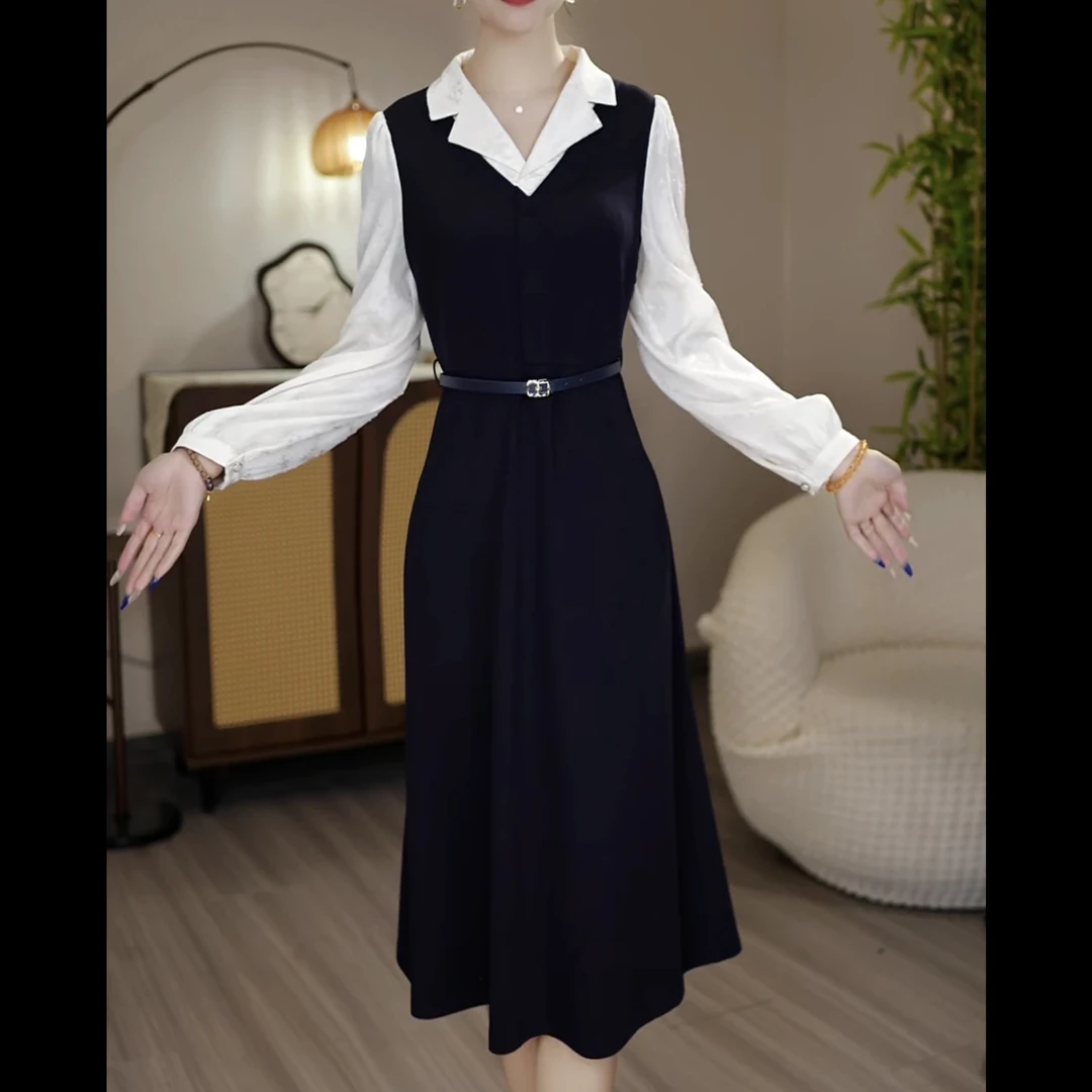 【连衣裙】藏蓝色西装领长袖连衣裙拼接假两件显瘦中长款秋冬打底裙