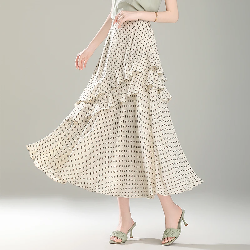 法式不规则荷叶边碎花天丝半身裙女2025夏季新款高腰显瘦A字长裙