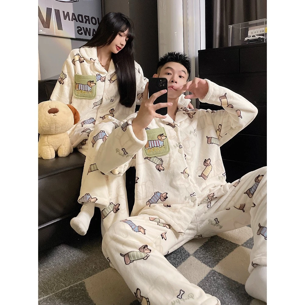 珊瑚绒情侣睡衣冬季卡通加绒加厚保暖家居服睡衣男毛绒秋冬厚款