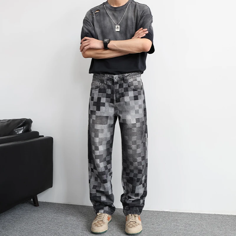 美式高街vibe水洗黑色复古男式牛仔裤直筒宽松马赛克棋盘格长裤男
