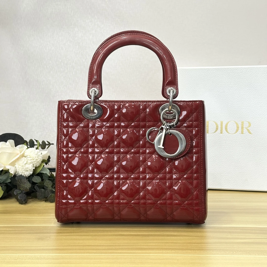 99新 DIOR/迪奥 壹所/五格戴妃红银色漆皮手拎斜挎包 618 二奢包