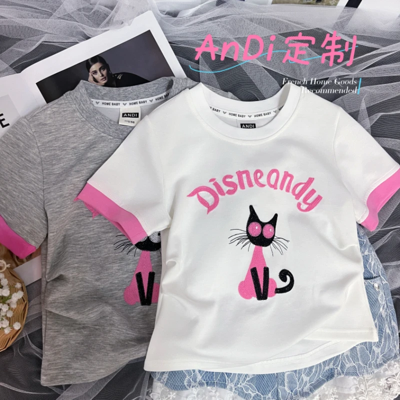 〖ANDI〗订制女童夏季新款卡通刺绣圆领短袖T恤3836