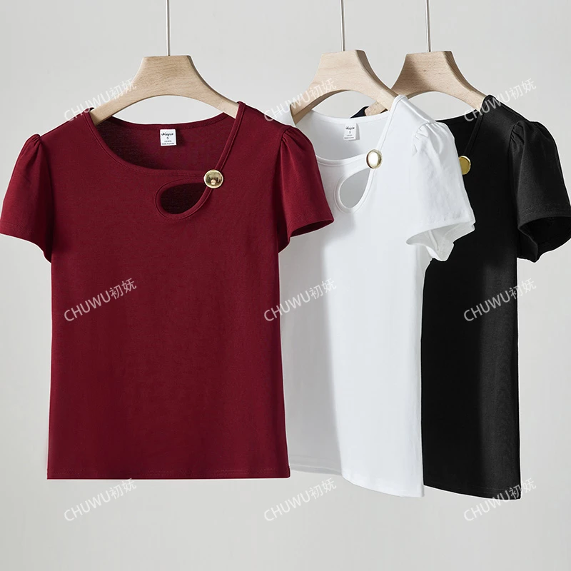 欧洲站夏季新款镂空甜辣复古正肩短袖T恤女时尚修身百搭短款上衣