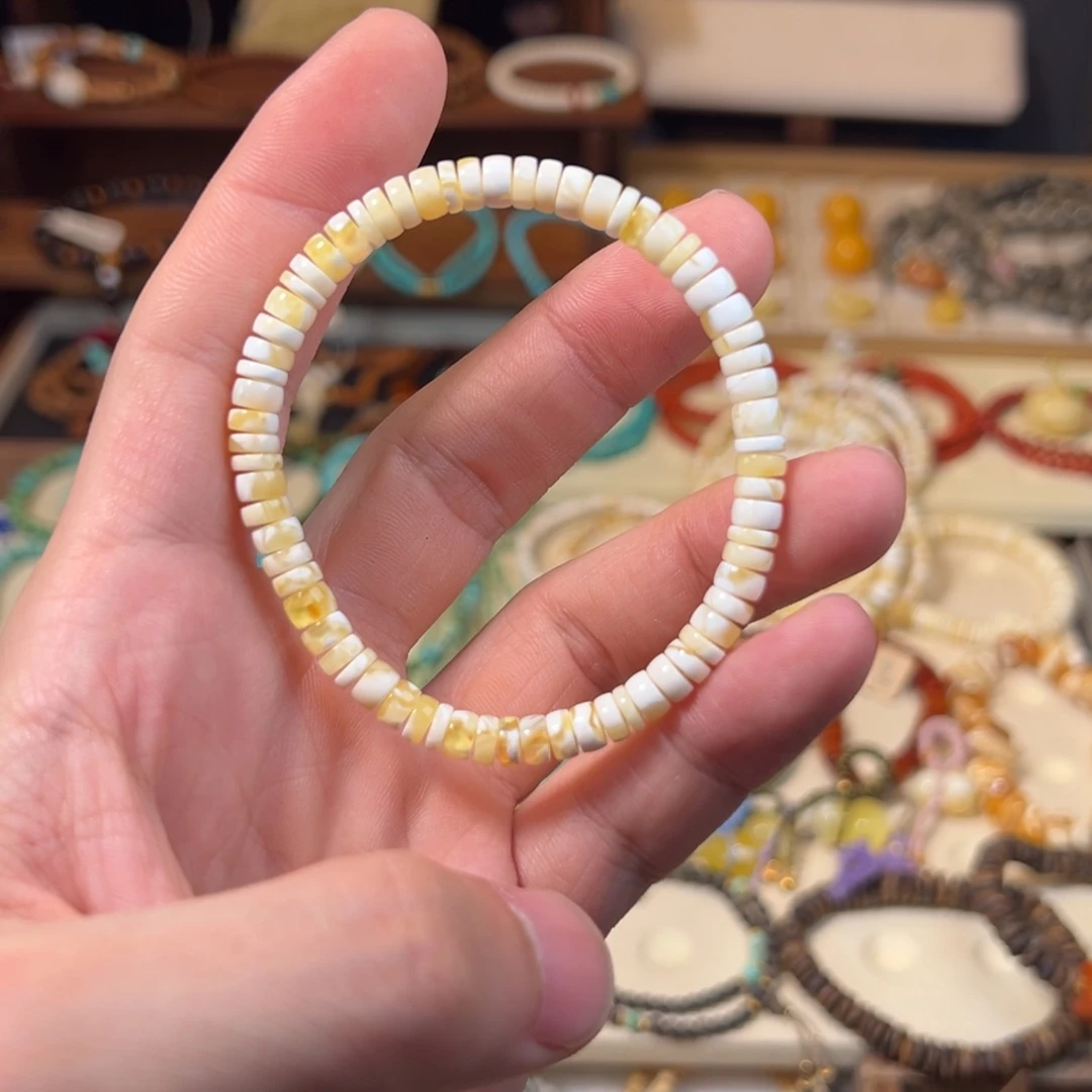 蜜蜡未镶嵌手链金瓷白溶洞药片手串尺寸5.5