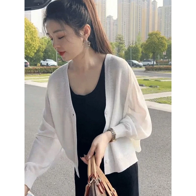防晒冰丝针织薄款透气开衫外套女2025夏季长袖小个子短款披肩上衣