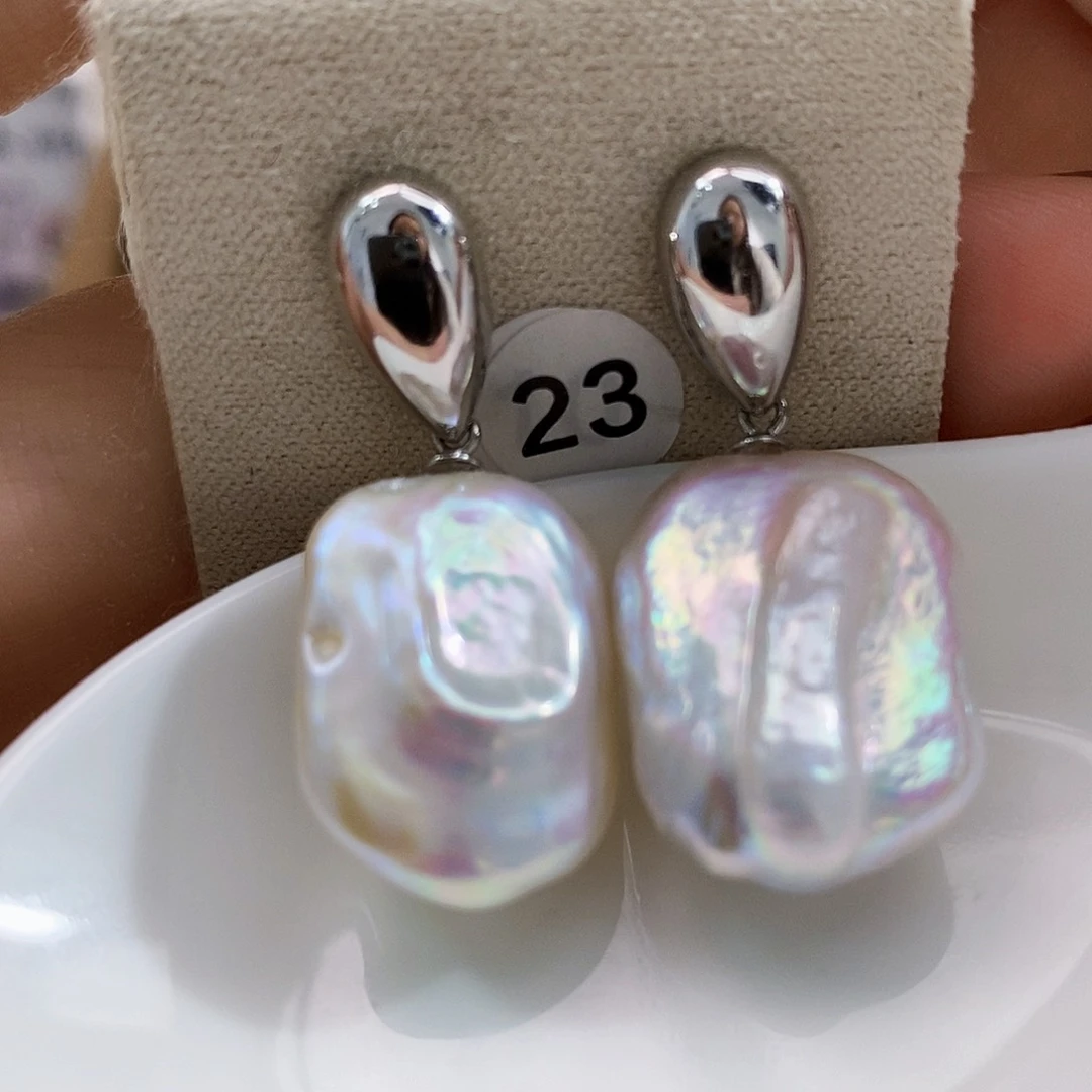 银S925镶嵌特价极光炫彩巴耳饰淡水珍珠