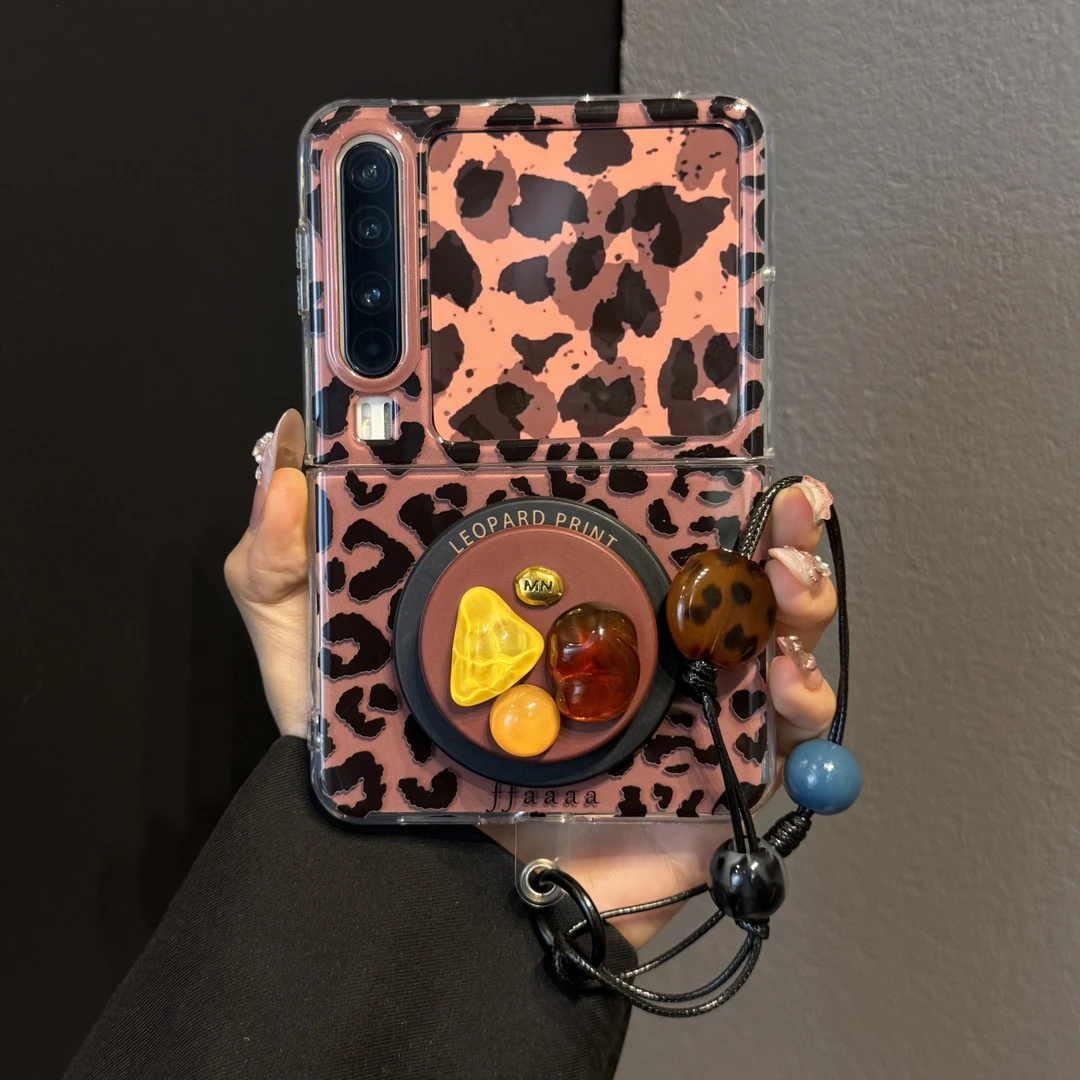 适用华为purax典藏版折叠屏手机壳PuraX棕色豹纹立体宝石磁吸支架