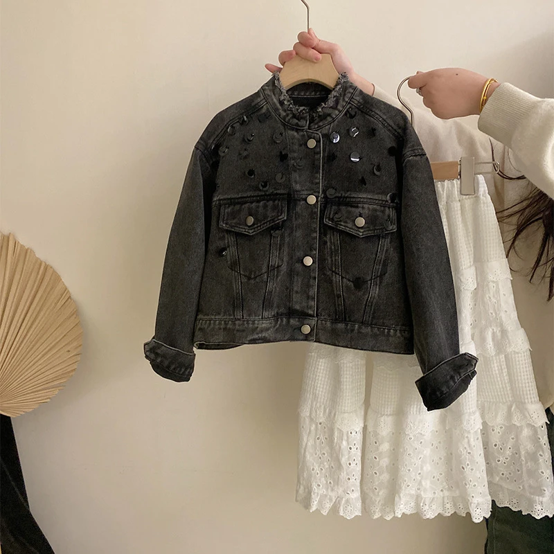 R25206女童春秋季新款季洋气亮片牛仔外套上衣中大童休闲夹克气质