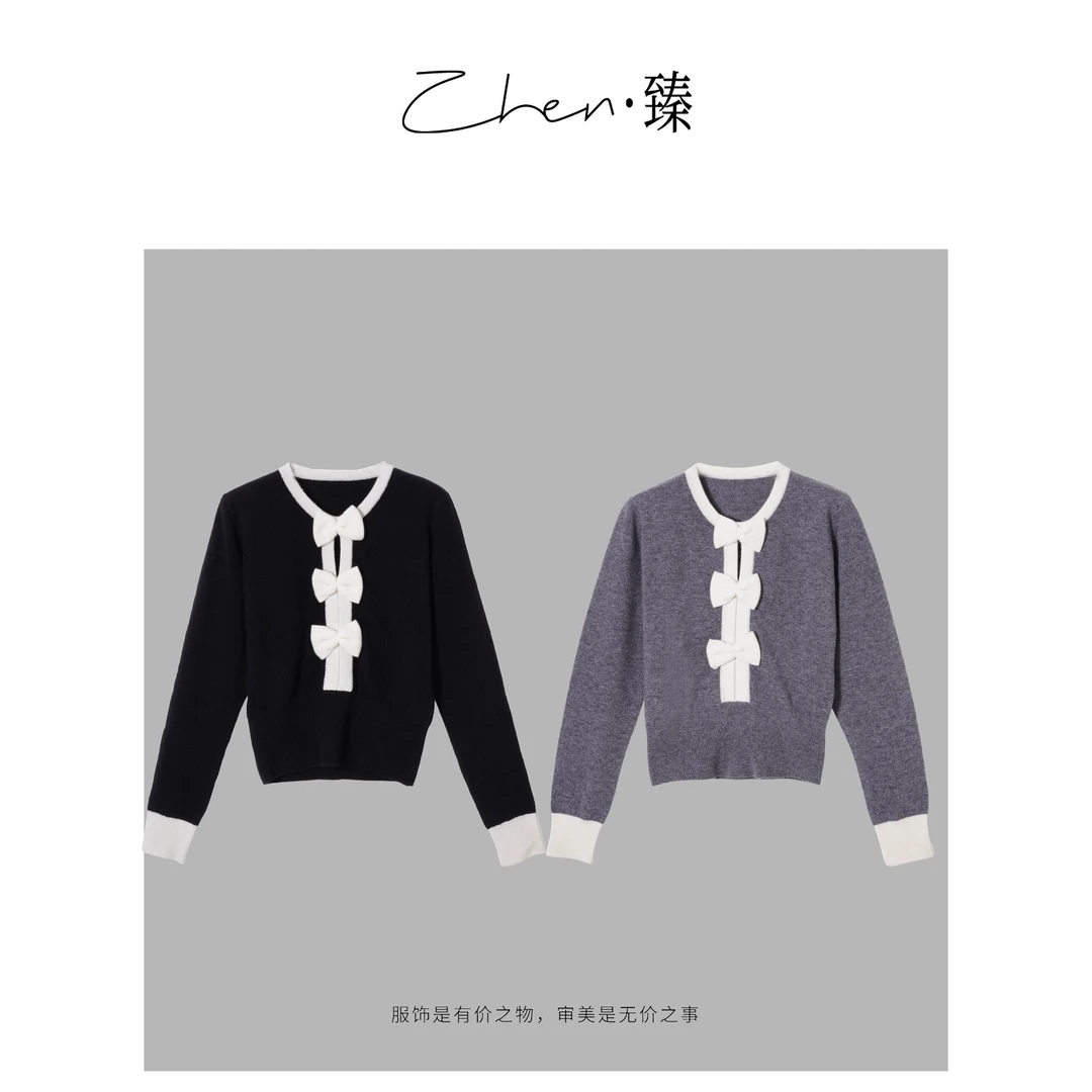 ZHEN.臻 千金慵懒撞色蝴蝶结小香风绵羊毛针织长袖上衣SY8903Z