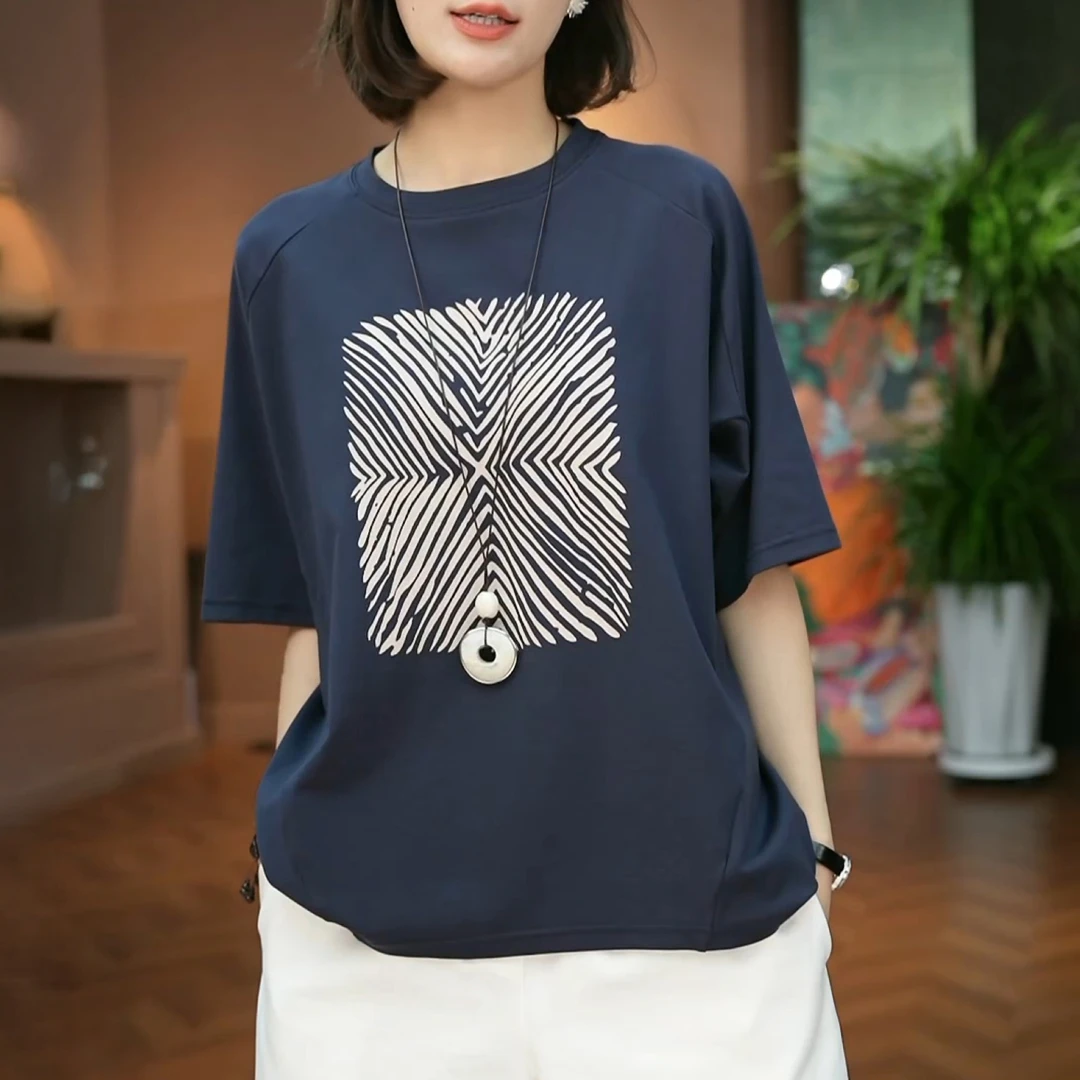 夏季宽松圆领印花短袖T恤女2025新款显瘦百搭洋气嬉皮部落风上衣