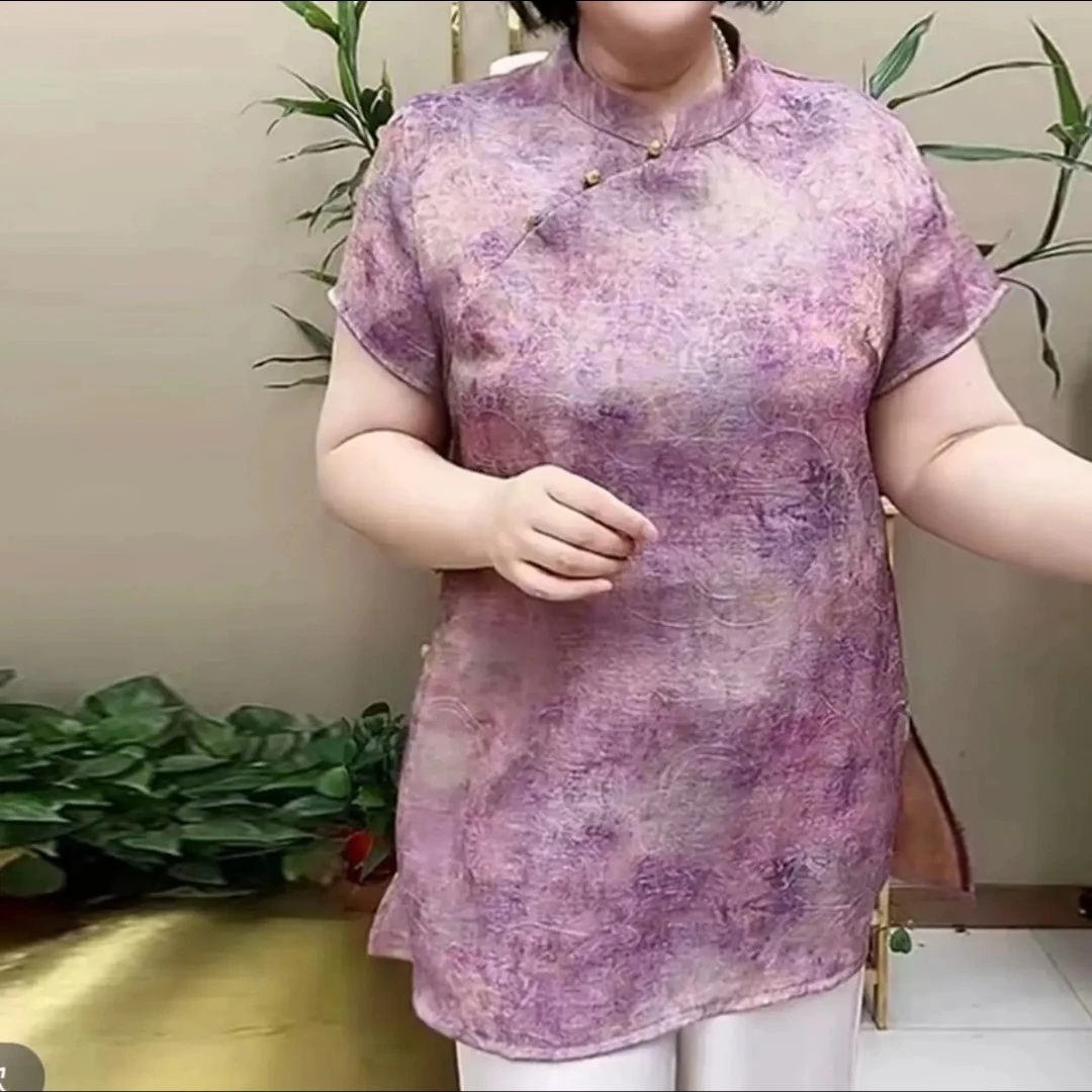 中老年时尚加肥加大中长款夏季旗袍领短袖女装上衣