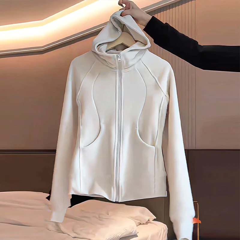 秋季款外套女连帽瑜伽上衣专业保暖修身运动开衫大码休闲黑色卫衣