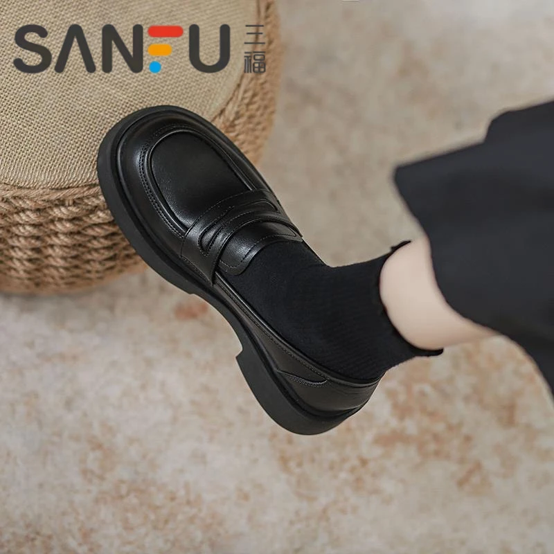 三福真皮软皮厚底乐福鞋女秋季新款一脚蹬单鞋黑色工作百搭小皮鞋
