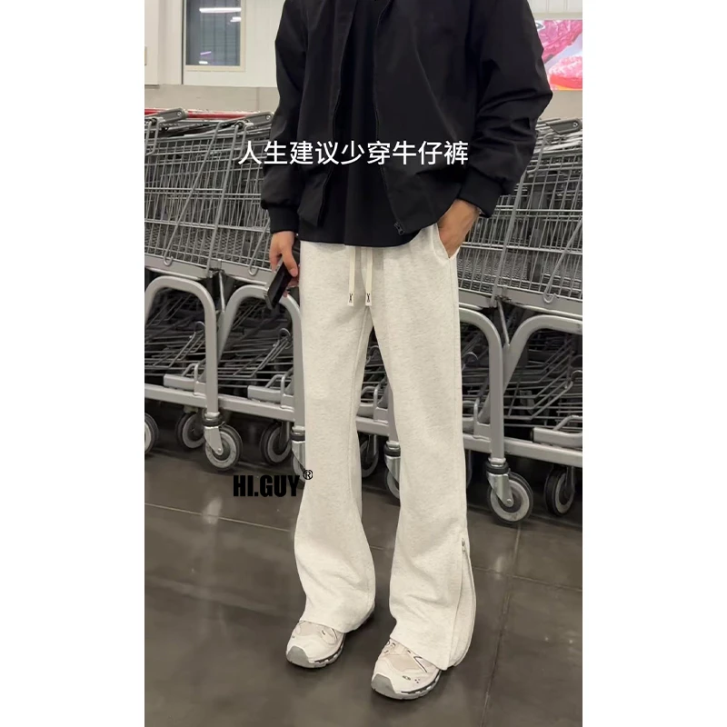 美式重磅拉侧链微喇卫裤男女秋季简约纯色直筒裤宽松运动休闲长裤