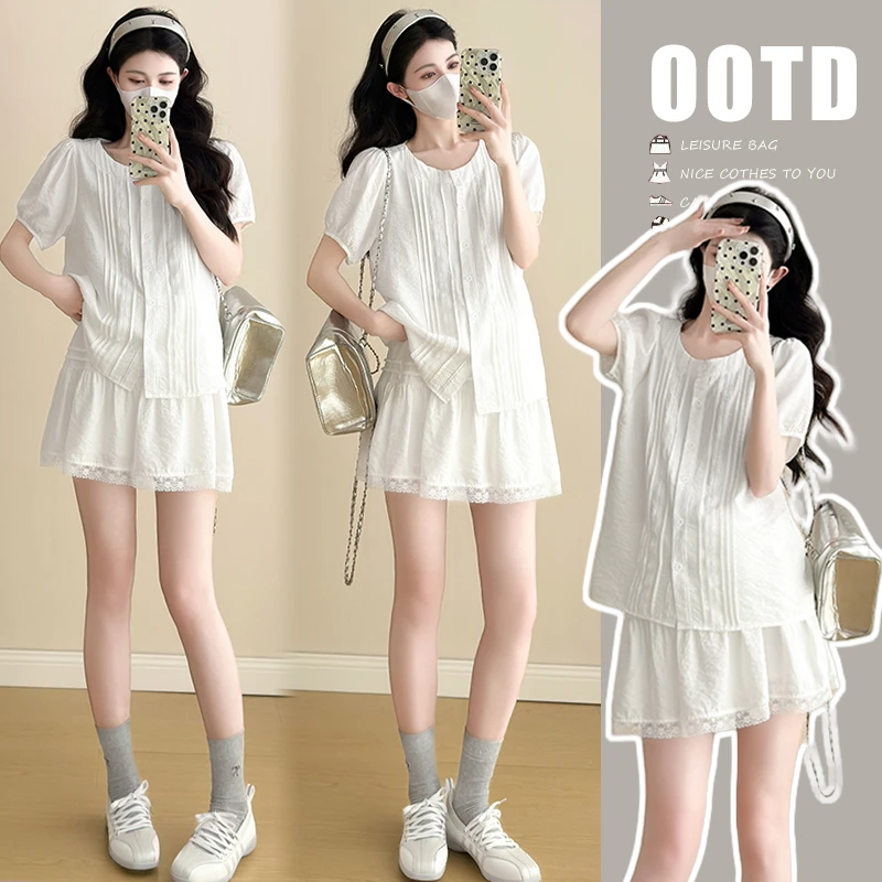 孕妇夏装2025韩版时尚洋气网红甜美小衫上衣＋蕾丝花边短裙套装女