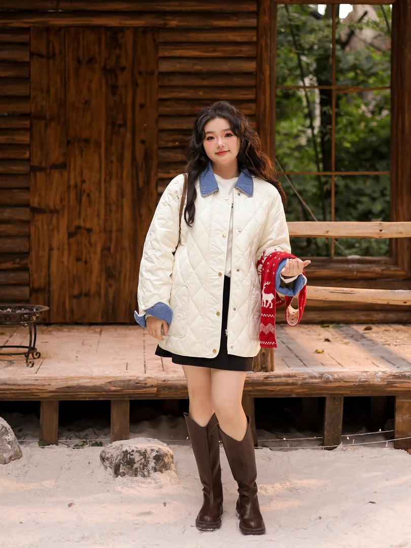 大码百分百女装冬季牛仔拼接保暖三防羽绒服时尚休闲宽松翻领2186