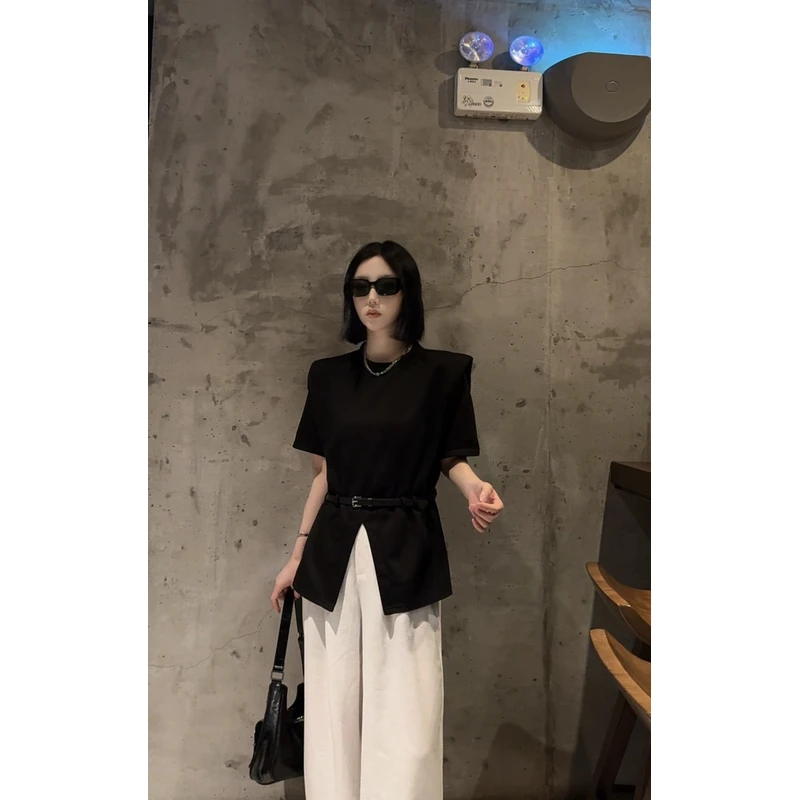 设计师别致系带收腰打底衫T恤短袖女巨遮肚子上衣女胖mm显瘦遮肉