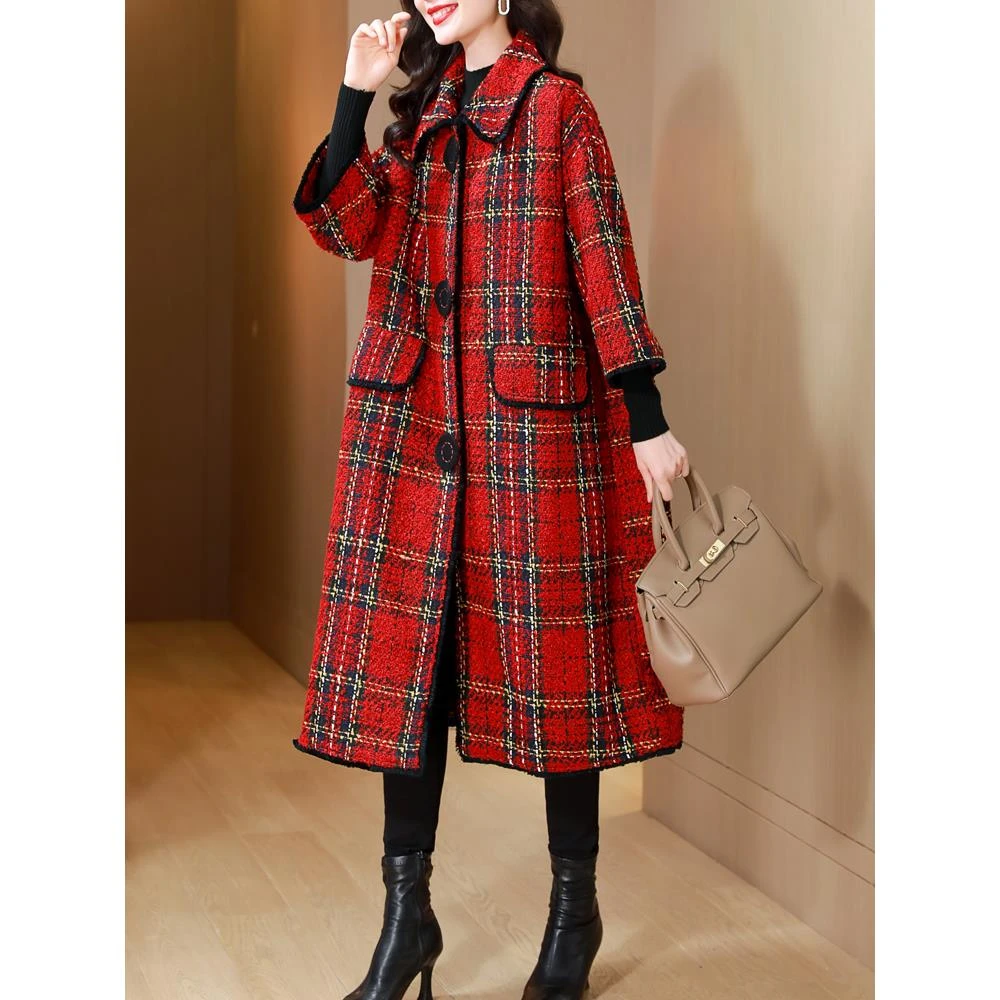 2024冬季新款爆款小香风毛呢外套女高端气质格子长款羊毛呢子大衣