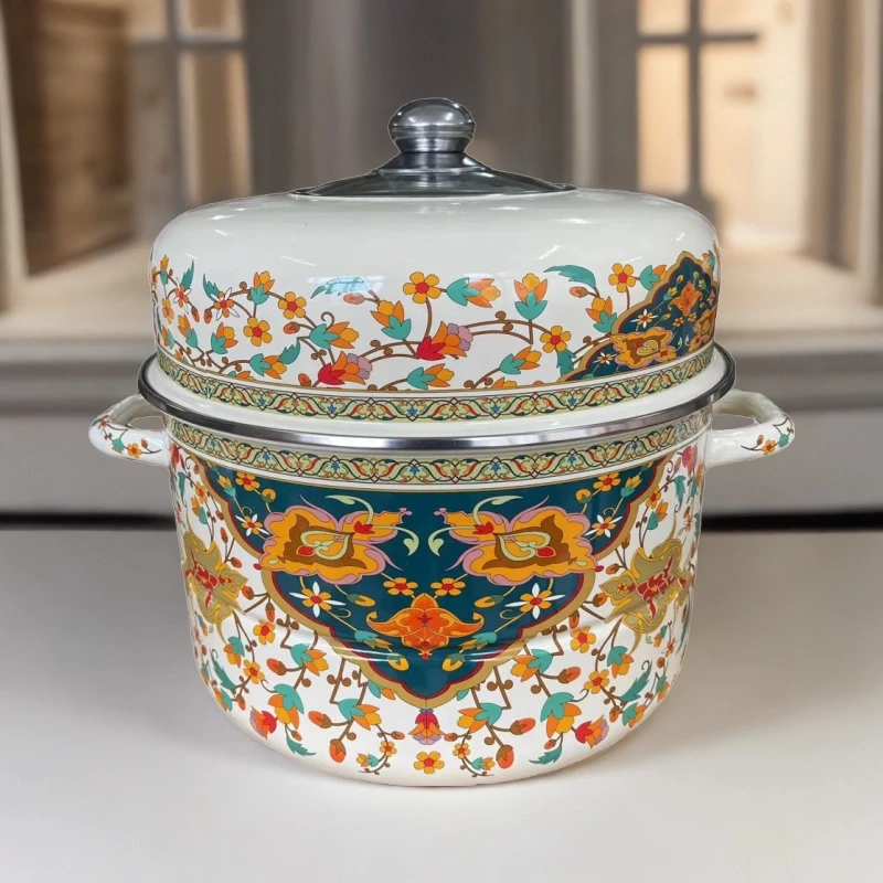 26cm珐琅双耳搪瓷银边俄罗斯双层加厚搪瓷锅蒸锅炖锅搪瓷汤锅带盖