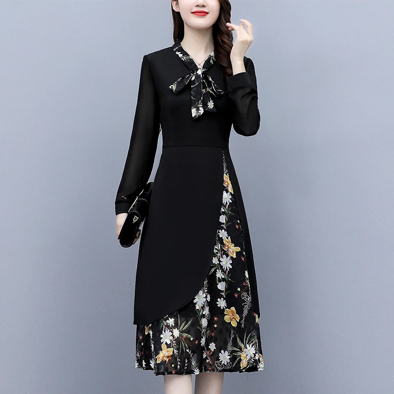 秋装法式不规则收腰显瘦蝴蝶结碎花连衣裙荷叶边裙CA#1104