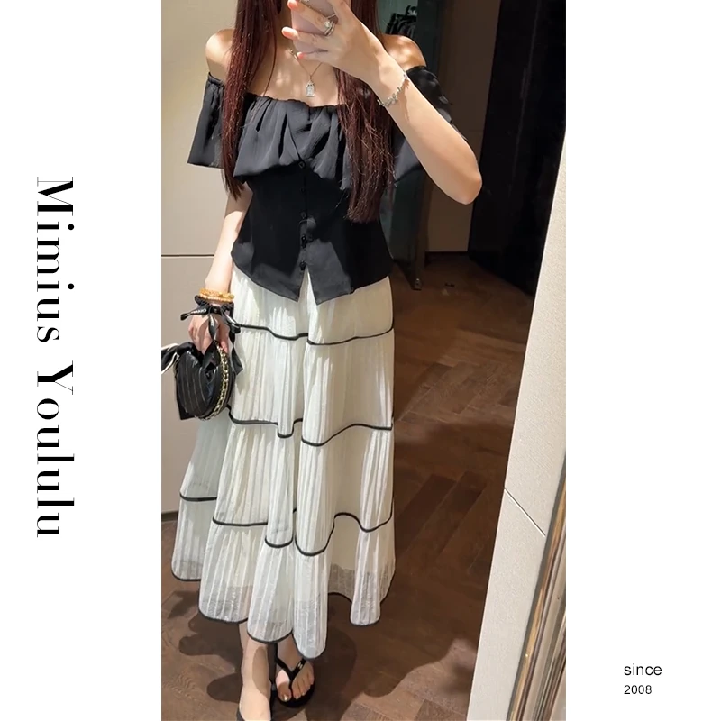 【mimius】喵喵 一字肩设计感小众露肩上衣+高腰半裙 G05475