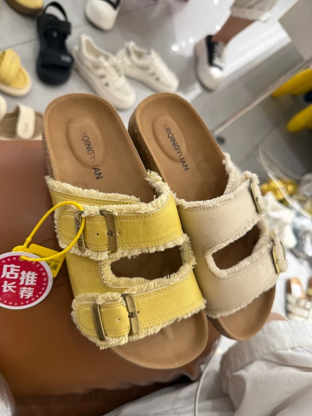 56138复古仙女风厚底勃肯拖鞋 流苏皮带扣气质一字凉拖女夏外穿