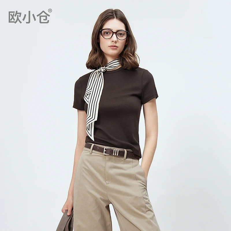 欧小仓减龄感蛇形纱螺纹棉质圆领短袖T恤修身不勒肉正肩女t恤6095