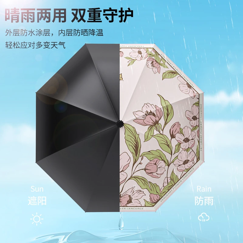 三折花语手动晴雨伞复古晴雨两用黑胶太阳伞雨伞厂家大量批发