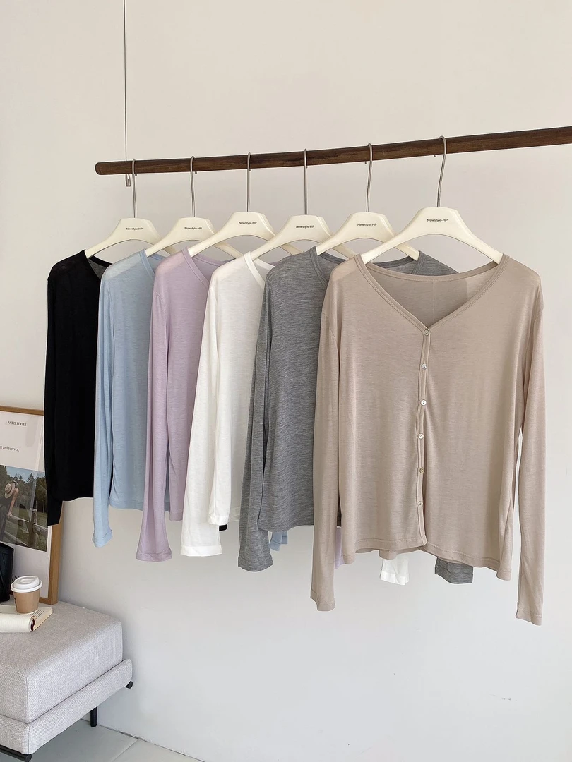 氢氧莱赛尔醋酸绵羊毛V领开衫轻薄防晒天丝针织空调衫上衣打底