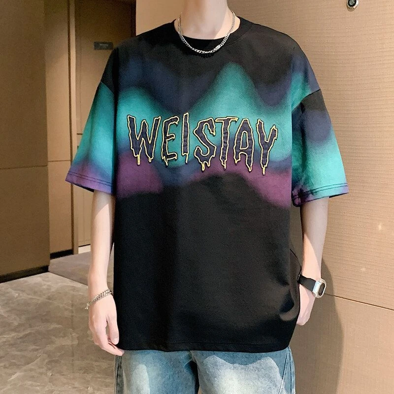 学生短袖印花渐变潮流潮宽松T恤 夏季男士短袖T恤上衣