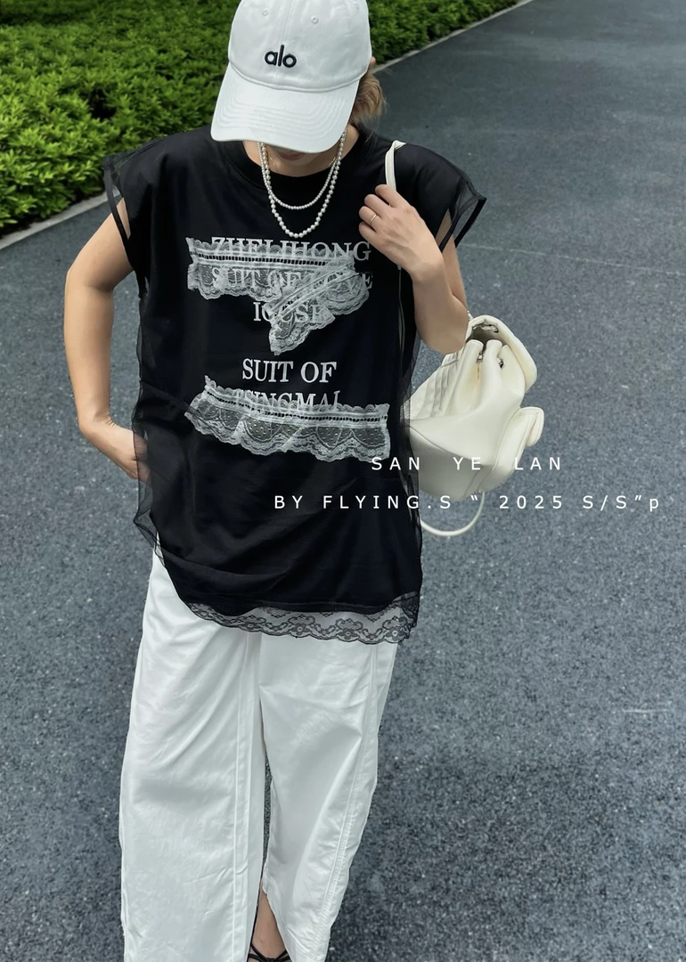 SYL2025夏季新款美式宽松字母无袖拼纱T恤166