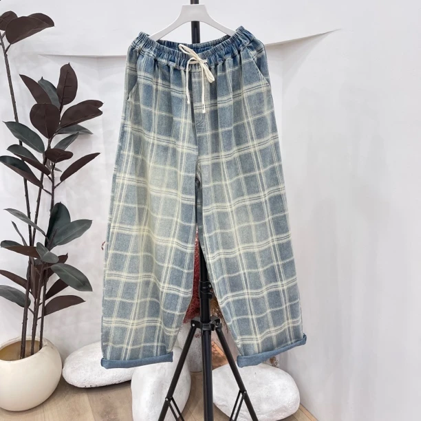 215欧货爆款春夏新款牛仔格大版女裤