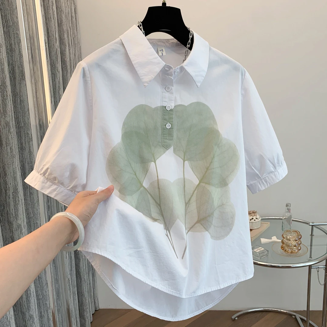 设计感印花幸运花短袖衬衫百搭时尚简约通勤Polo领休闲文艺小清新