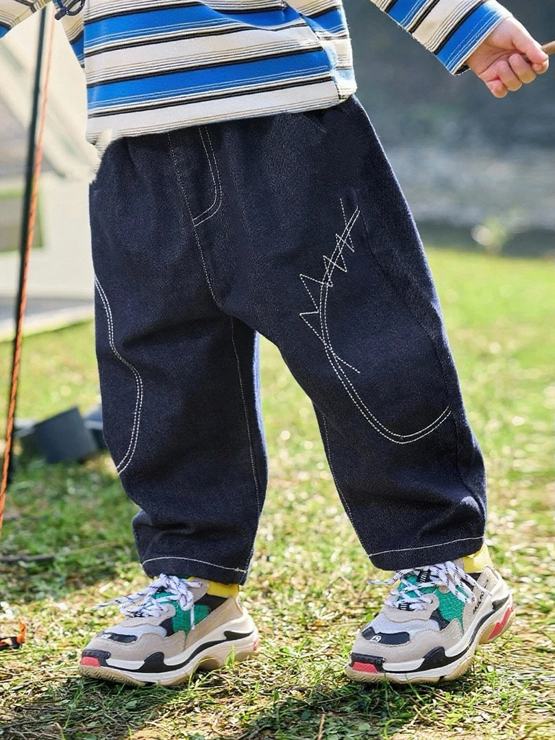 【防褪色】儿童软牛仔加绒秋冬绣花牛仔裤