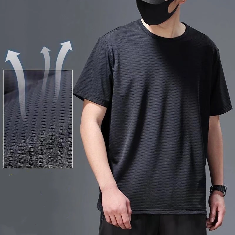 冰丝短袖T-shirt男t恤男夏装休闲男装网眼速干运动薄款体恤工作服