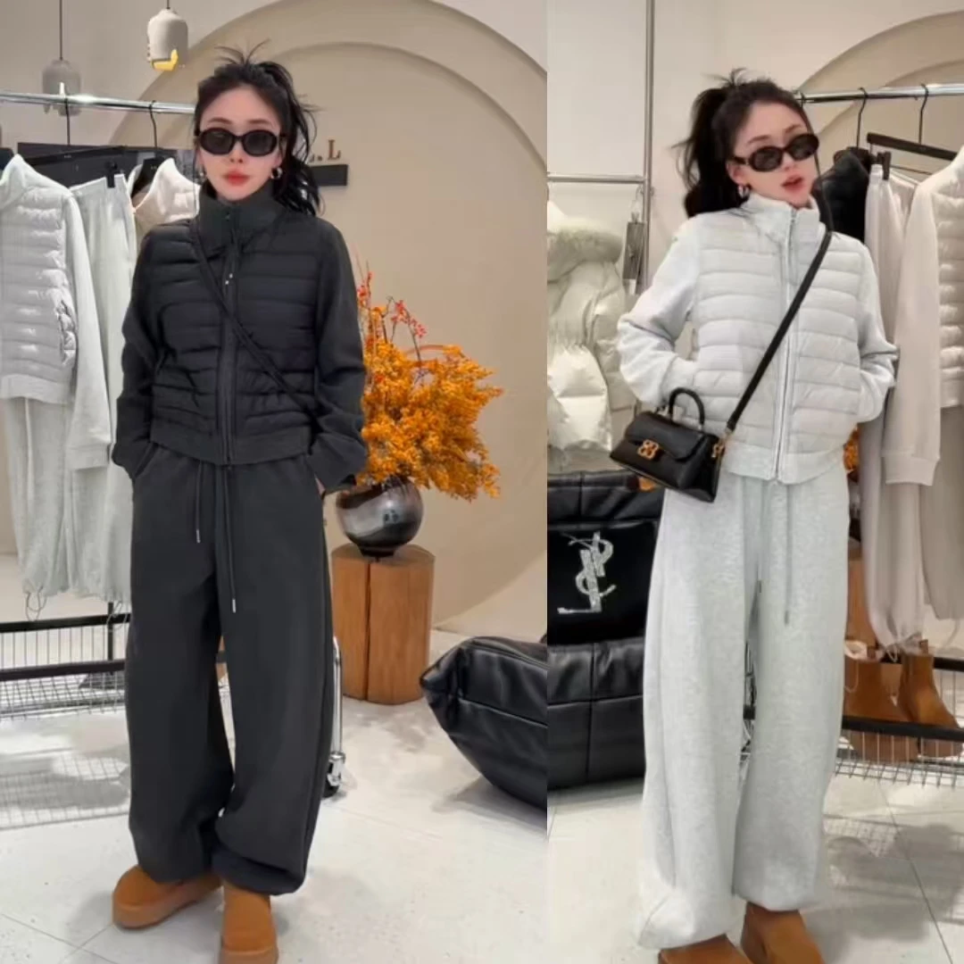 冬季韩系极简风服时尚立领休闲套装宽松拼接棉外套加绒抽绳运动裤