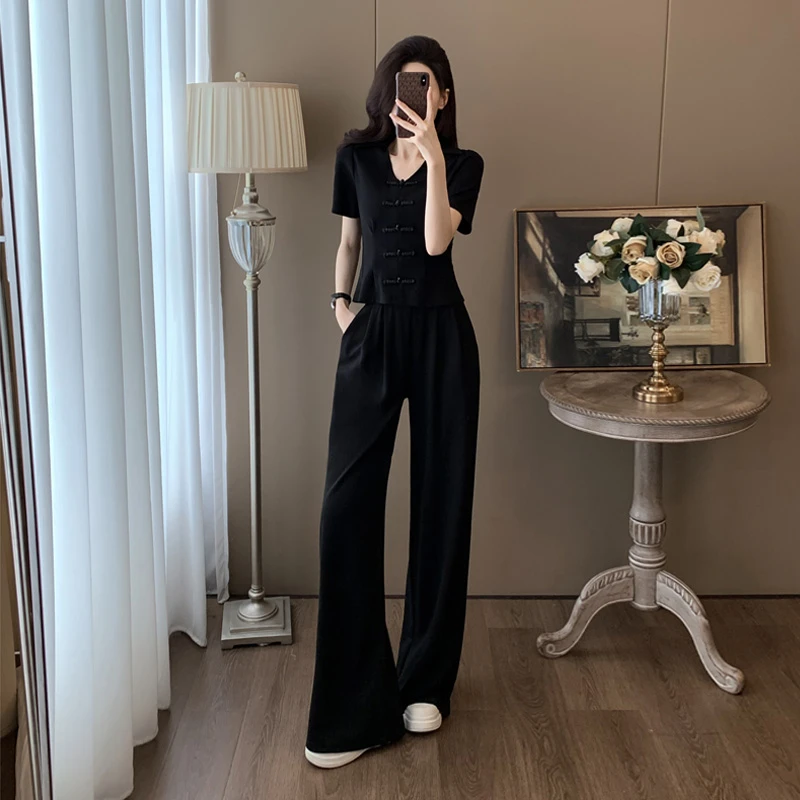 新中式国风v领短袖套装女夏季时尚减龄休闲运动阔腿裤两件套洋气