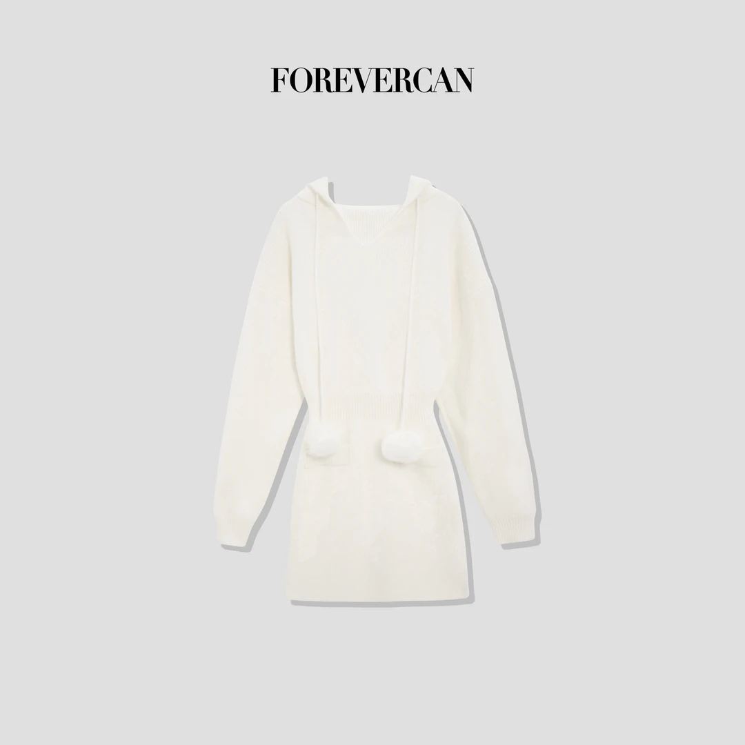 FOREVERCAN“雪野风铃”可爱毛球收腰包臀连帽针织连衣裙CANMY3452