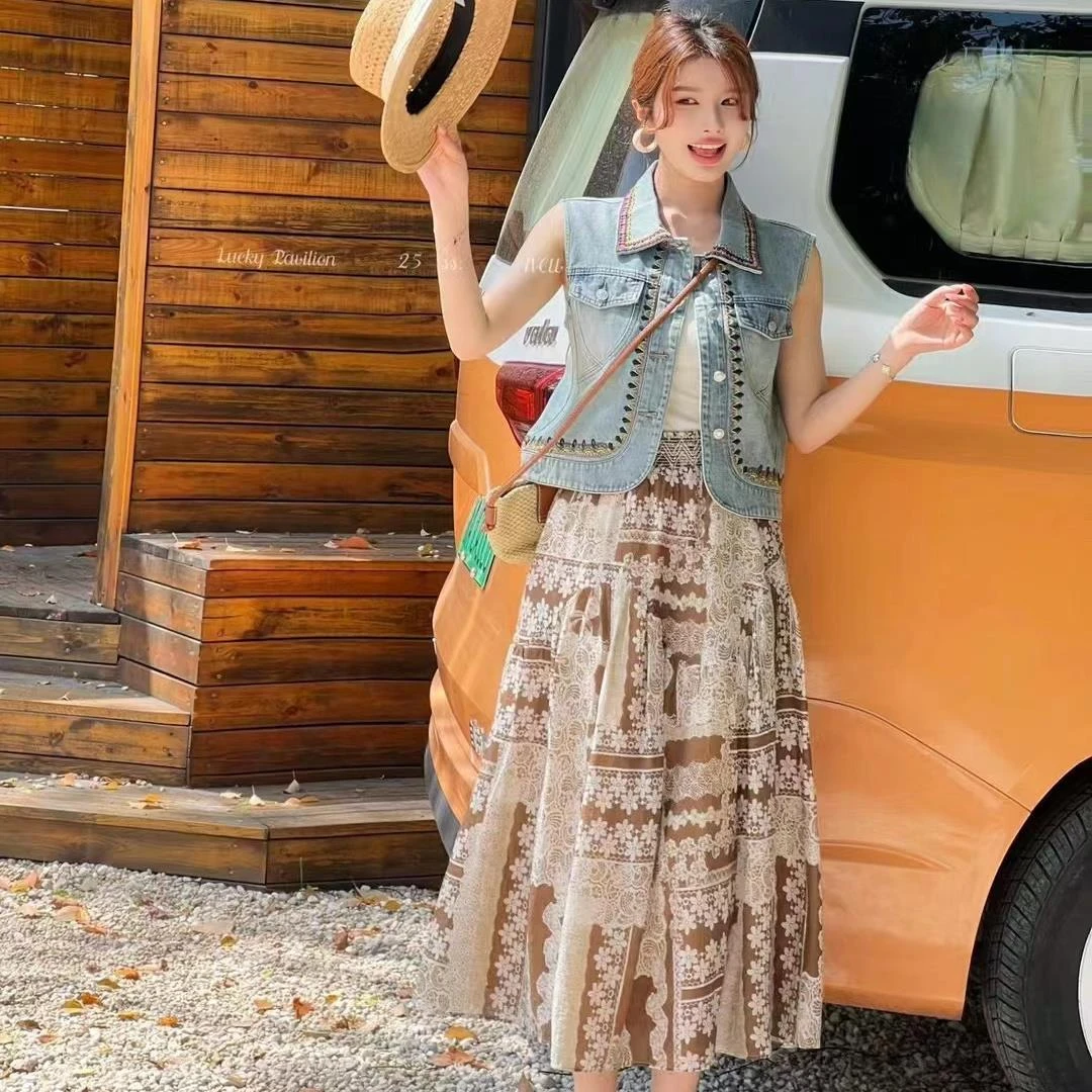 欧洲站2025夏季新款时尚刺绣翻领牛仔马甲印花半身裙两件套装气质