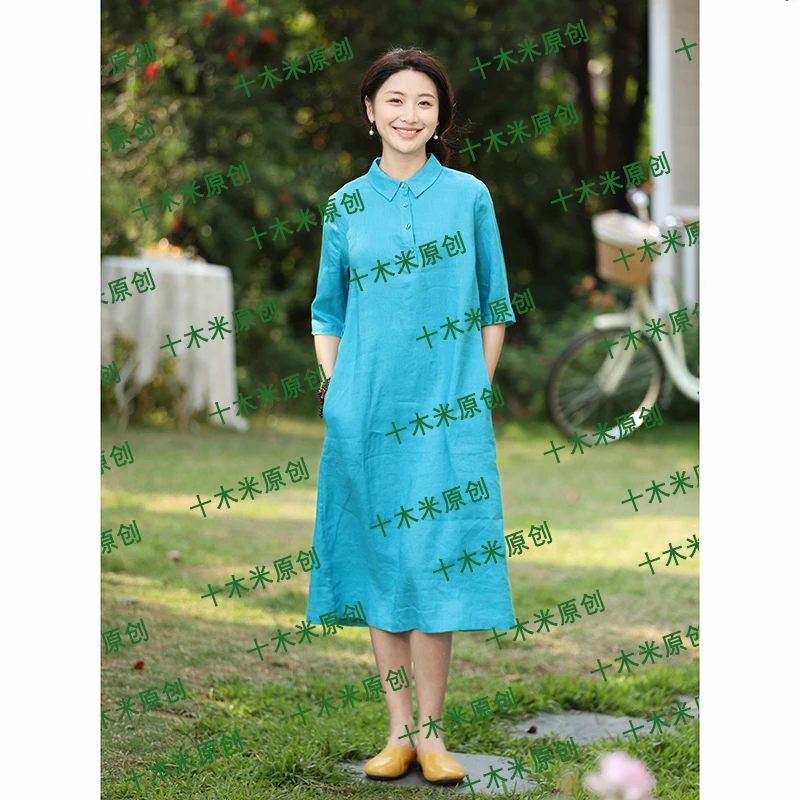 伊人/十木米原创夏季新款百分百亚麻文艺休闲衬衫领中长连衣裙