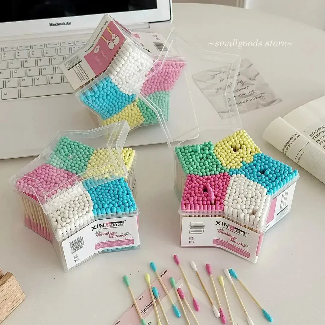 【彩色棉签】创意盒装五色500支棉签卸妆采耳棉棒双头一次性木棒WH