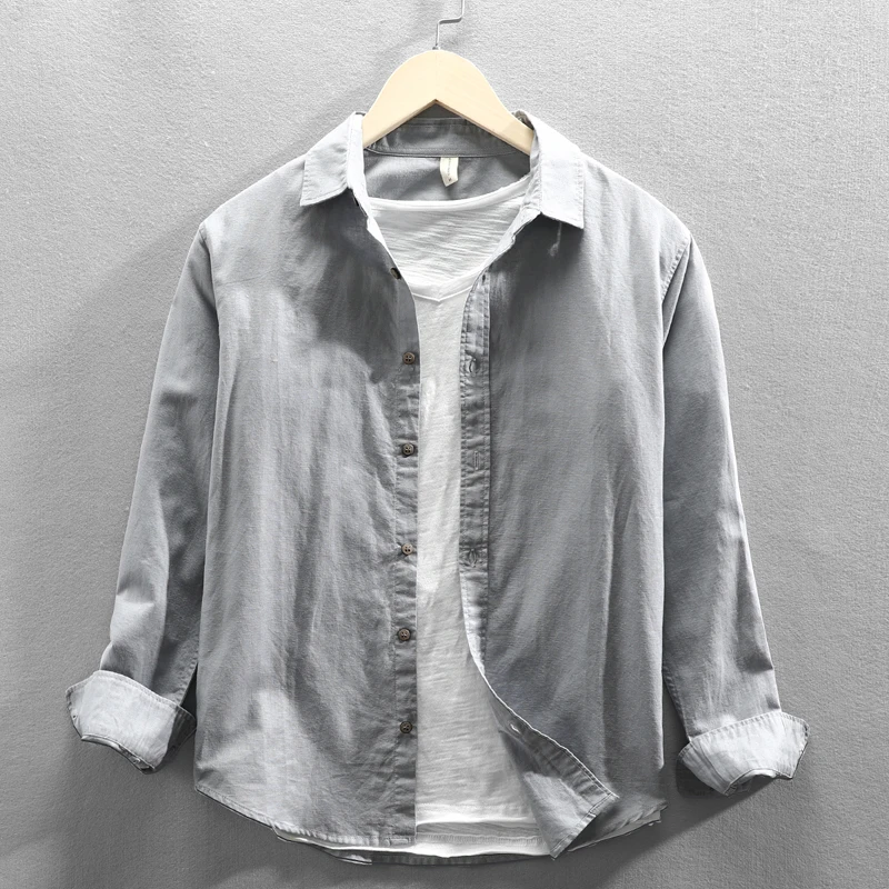【测款-秋啸】秋季长袖衬衫款亚麻男士休闲纯色衬衣青年透气上衣