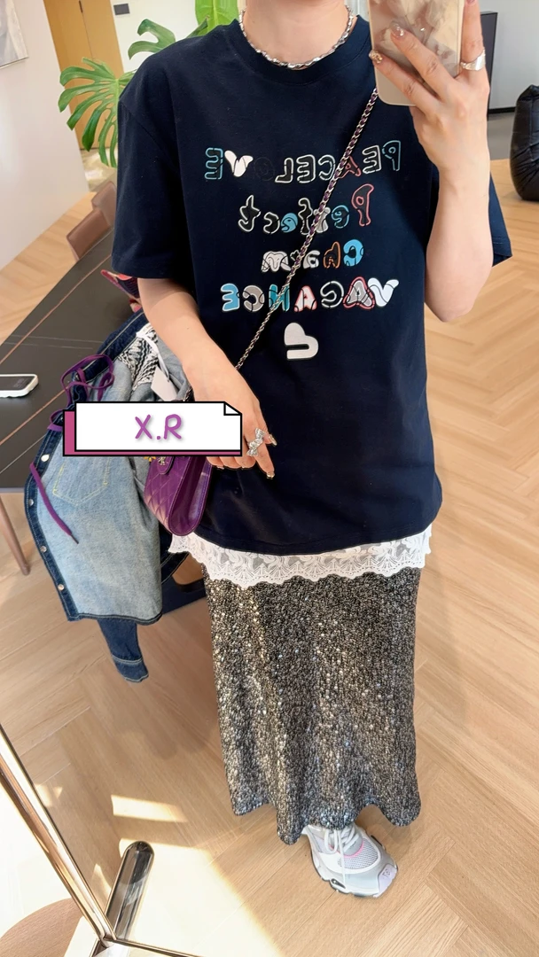 X.R2025春新宽松显瘦时尚百搭甜酷风重工字母贴布印花小上衣T恤