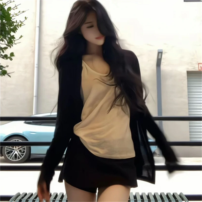 黑色下摆防晒开衫T恤内搭罩衫外套长袖上衣半身包臀短裙时尚套装