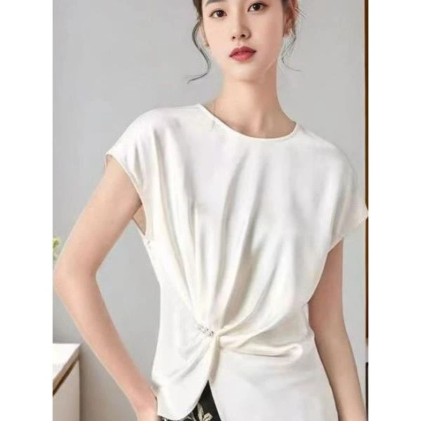 2025夏季新款短袖雪纺衫女衬衫洋气小衫百搭修身显瘦不规则上衣女