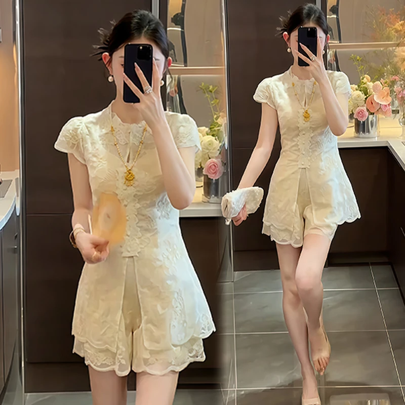 小个子韩版休闲套装女2025年夏季新款蕾丝圆领短袖上衣短裤两件套