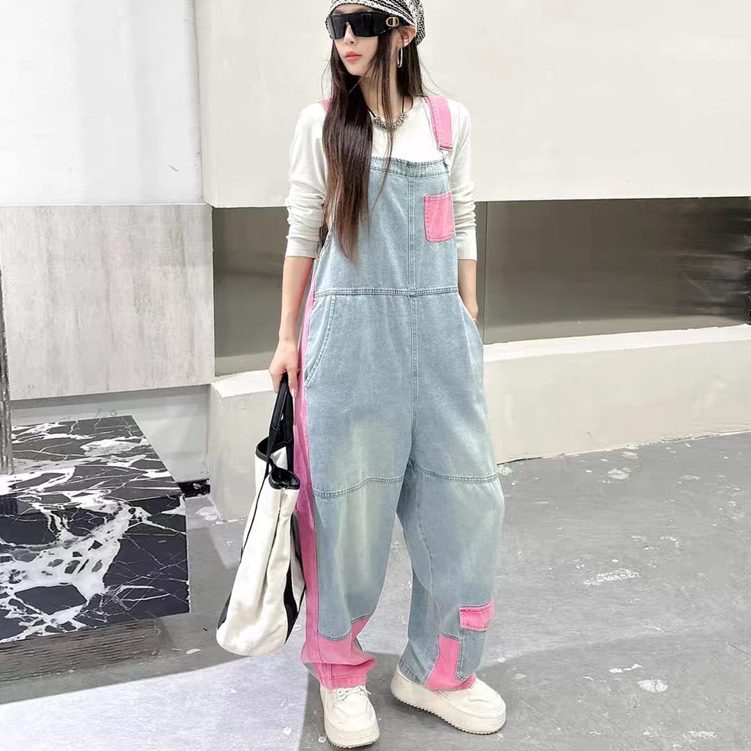 欧货高级感撞色复古做旧牛仔背带裤女宽松背带裤女款爆款2025新款