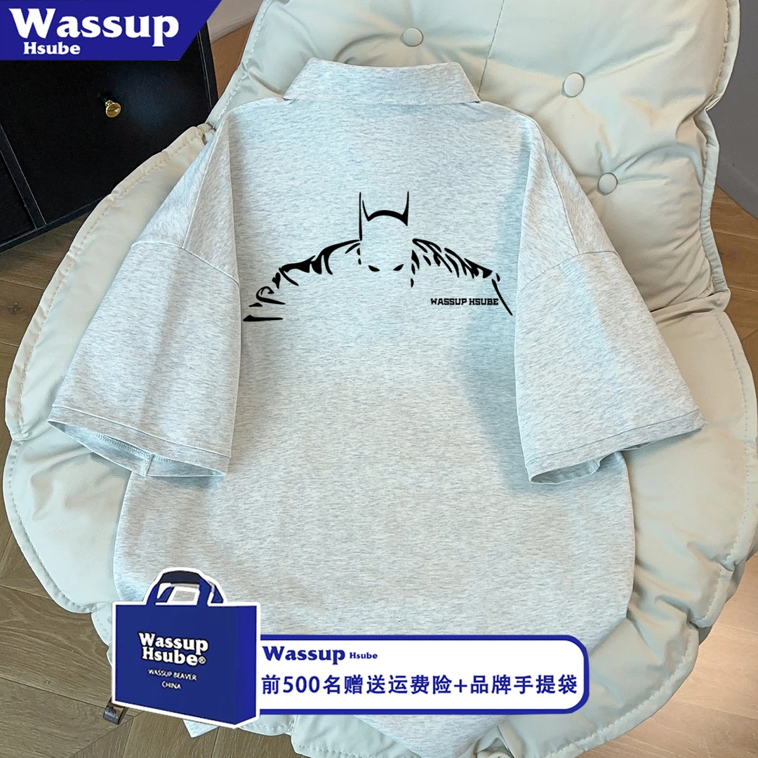 WASSUP HSUBE美式高街蜘蛛字母印花男女款宽松POLO衫百搭情侣上衣