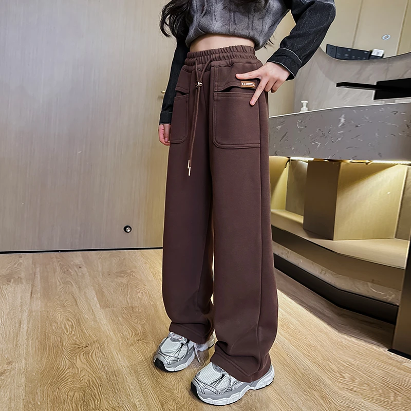 儿童冬装大女童装弯刀裤子休闲工装裤加绒秋冬款一体绒直筒裤冬季