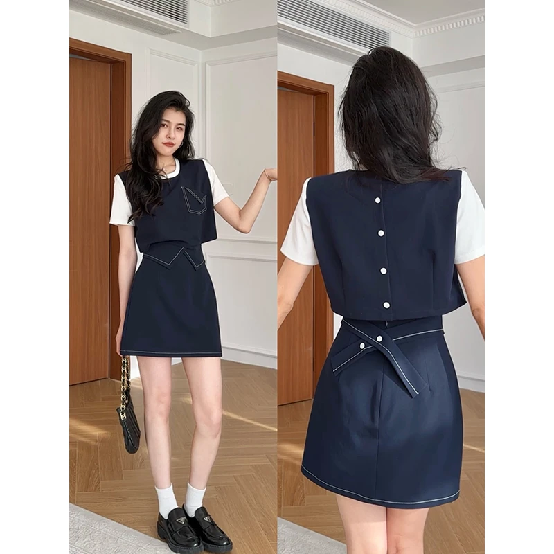 张阿星【睿智老钱】夏季立体版型明线假两件T恤+显瘦裙裤W425A06994